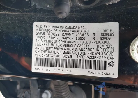 2020 Honda Civic Lx z USA, uszkodzony, nr VIN 2HGFC2F60LH502226